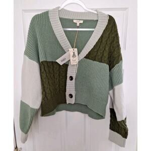 EASEL Los Angeles Dionne Color Block Chunky Knit Cardigan Sage 3278002 Sz Medium